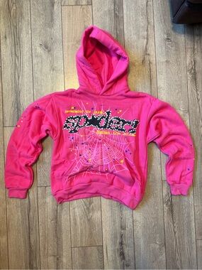 Crewneck Hooded Sweatshirt in Bright Pink with Spiderweb Graphic